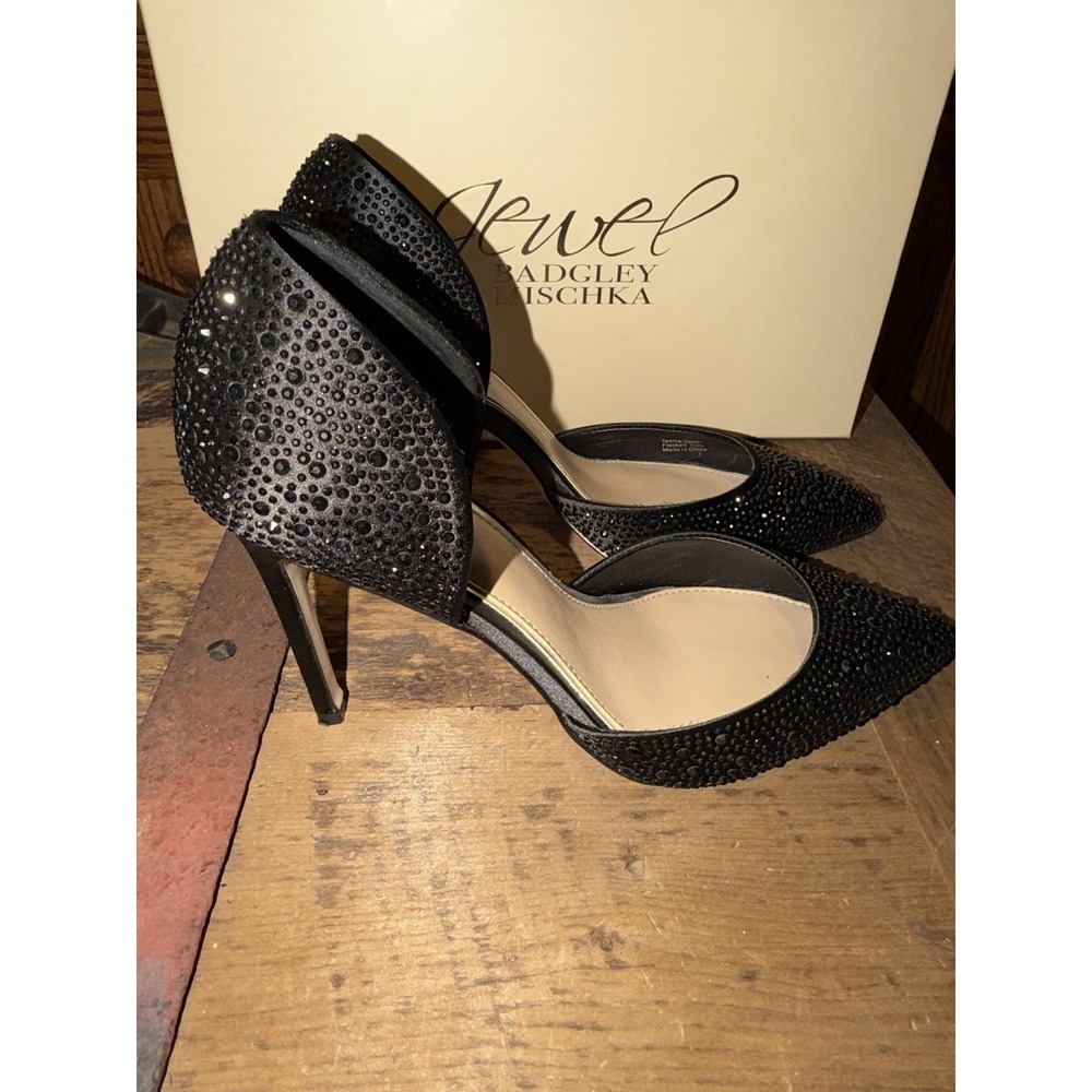 Jewel Badgley Mischka Black Rhinestone d'Orsay Pointed Toe Stiletto Pumps Size 7